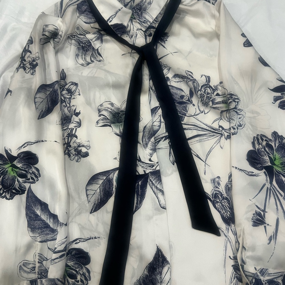 Zara Black and White Floral Tie-Neck Blouse